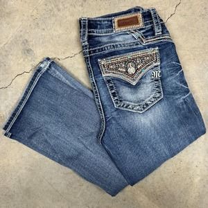 MISS ME Chloe Bootcut Jeans Bedazzled Flap Pocket Aztec Native Stitch Womens 28